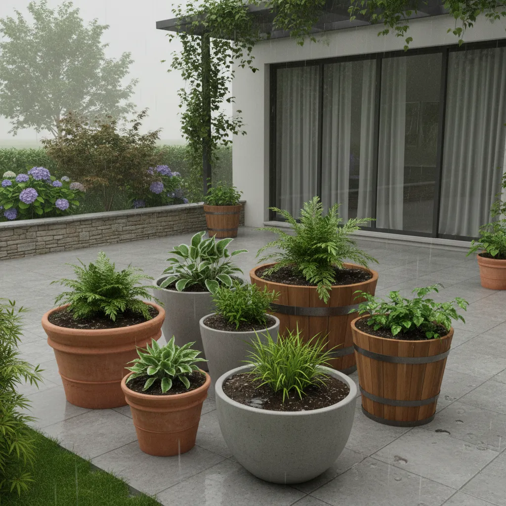 Rain falling on outdoor plant containers showing wet potting soil