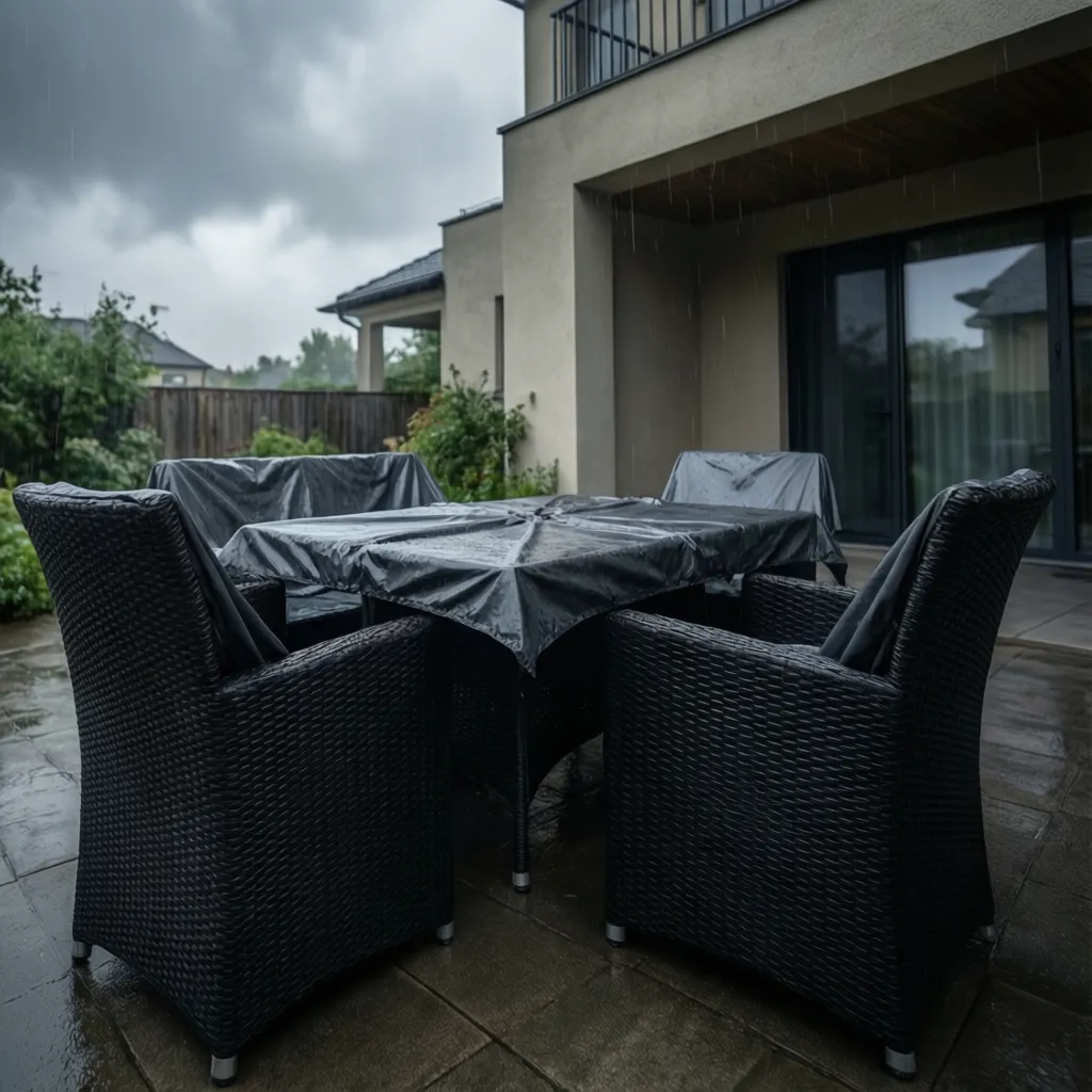 Outdoor wicker dining set covered with waterproof protective cover