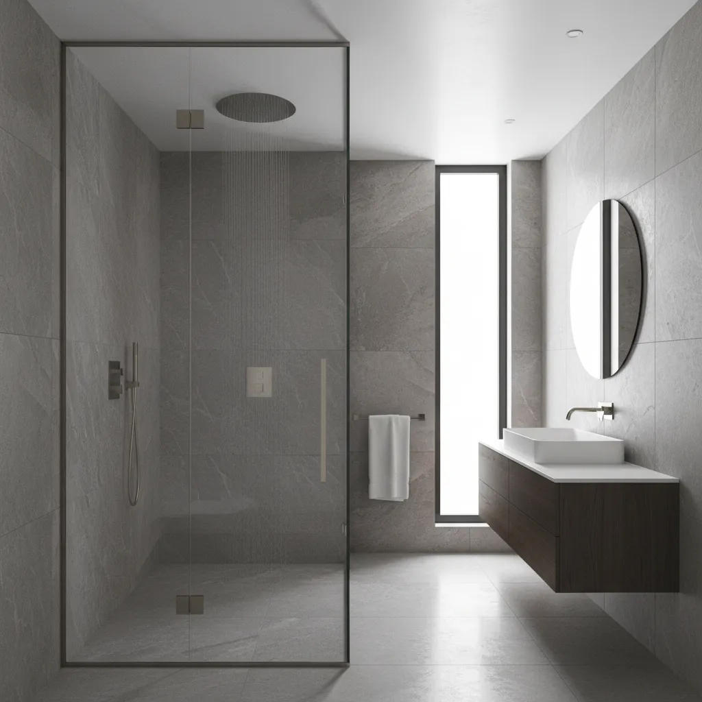 Thermostatic rainfall shower system in modern bathroom