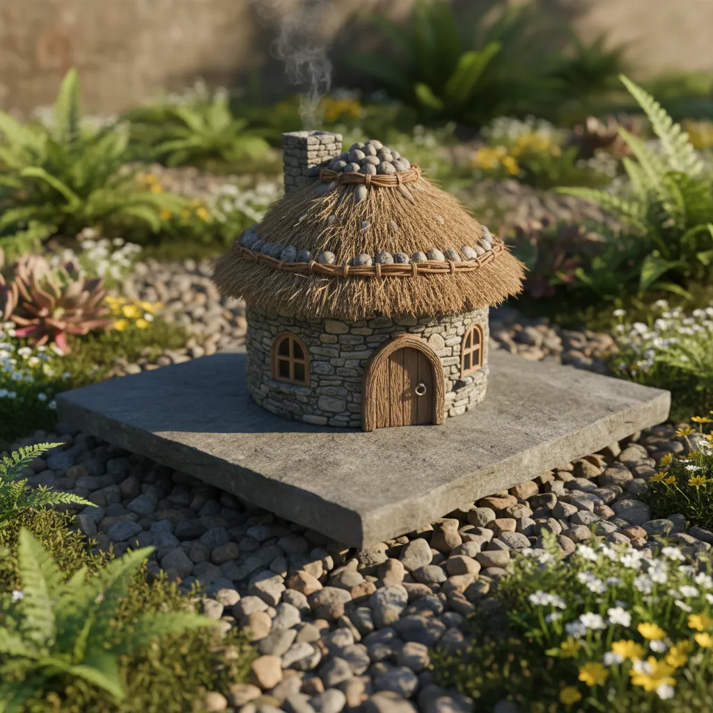 gnome house elevated on stone base with gravel drainage in a garden