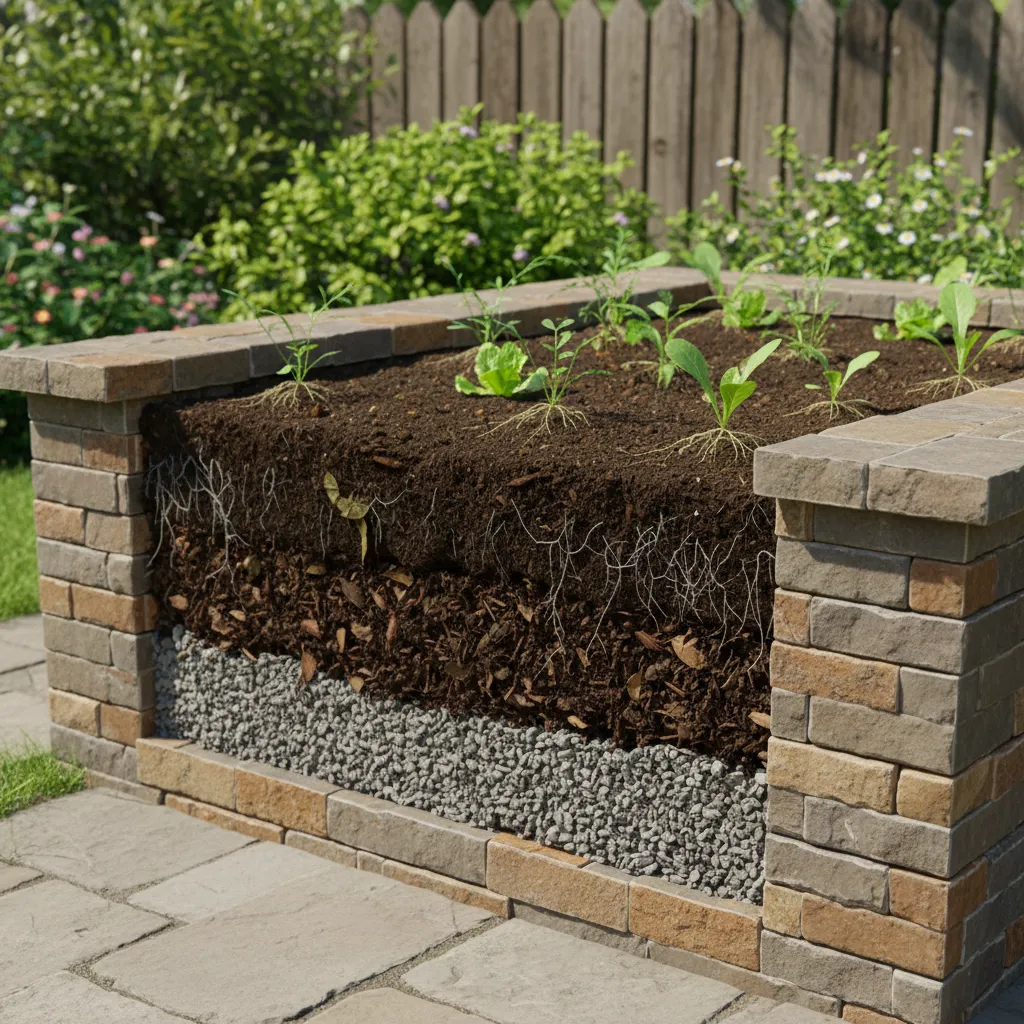 Layered drainage system inside a decorative raised garden bed