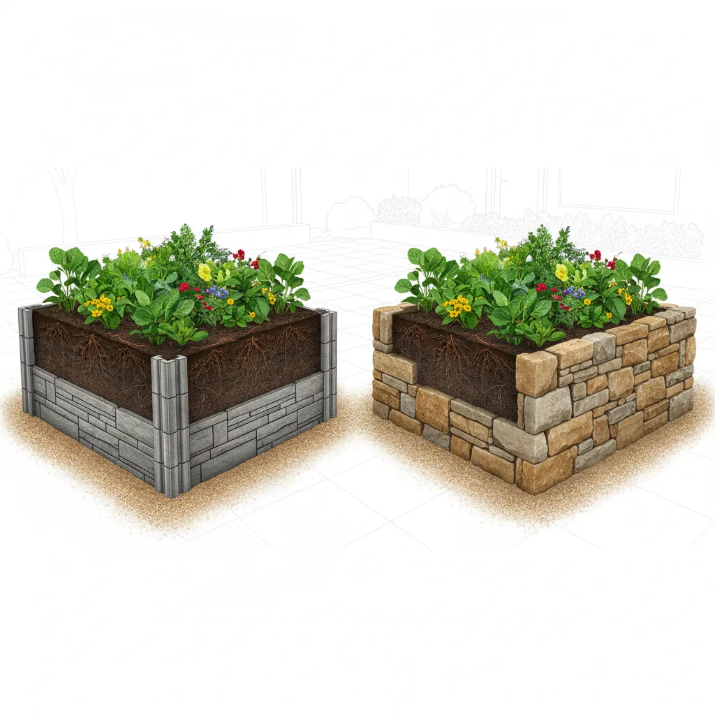 Structural comparison of faux stone modular panels and stacked natural stone garden bed