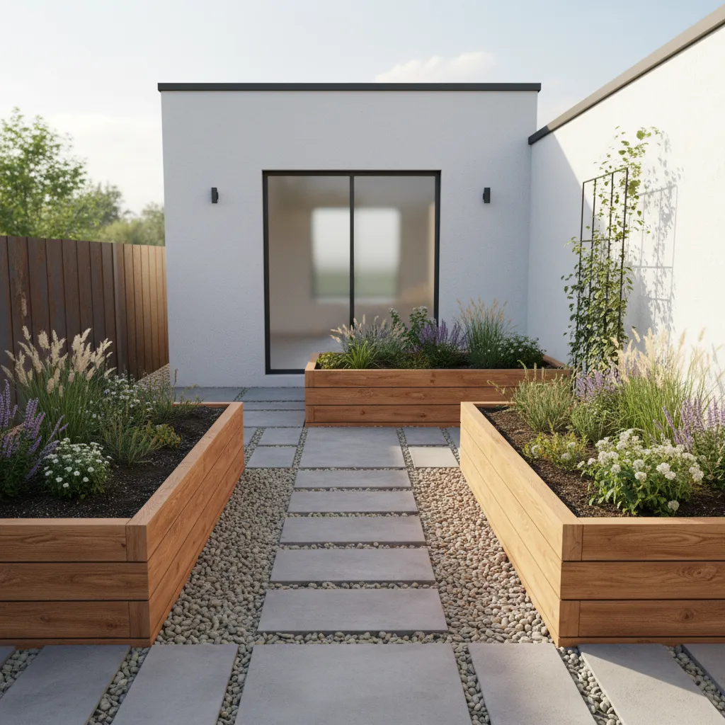 Raised garden beds and gravel drainage system in small yard