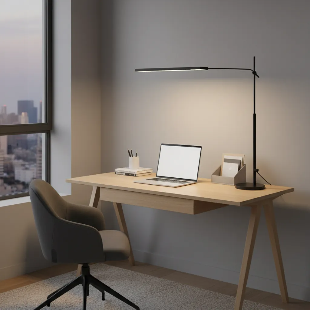 Desk lamp raised higher above desk spreading light across small workspace