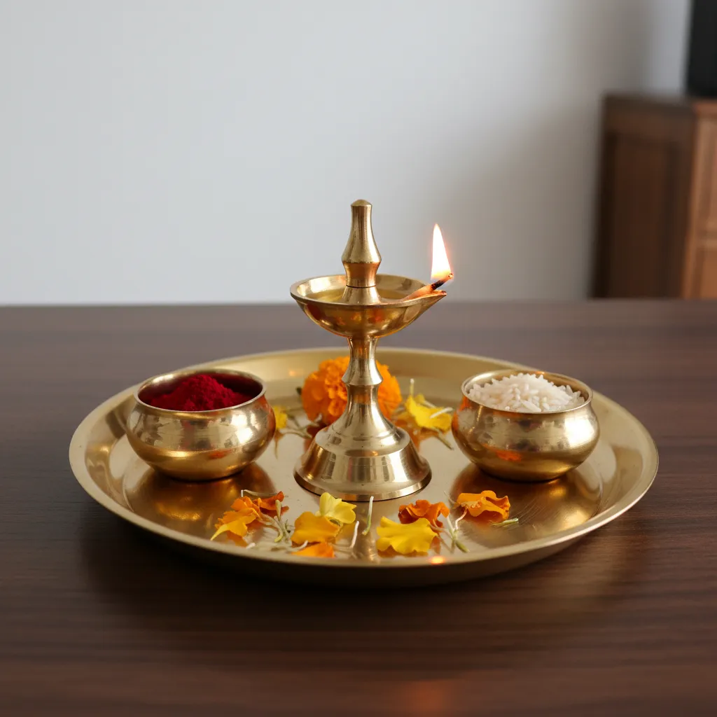 pooja thali with raised diya holder and small bowls