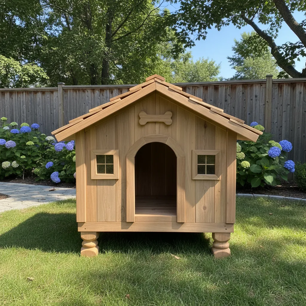 Wooden dog house with bone decoration on grass field with blue flowers and wood fence