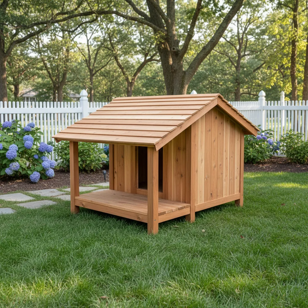 Wooden dog house with small porch sitting on green lawn near a white picket fence