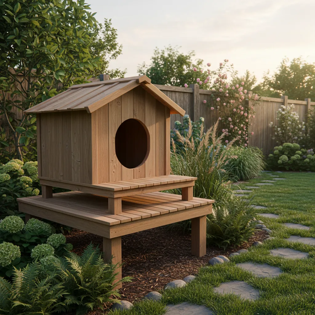 Wooden dog house on raised wooden platform in backyard with green plants and stone path