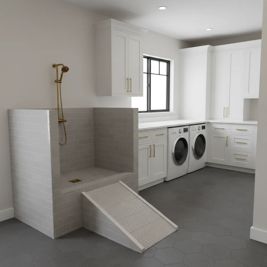 elevated dog wash platform with ramp in modern laundry room