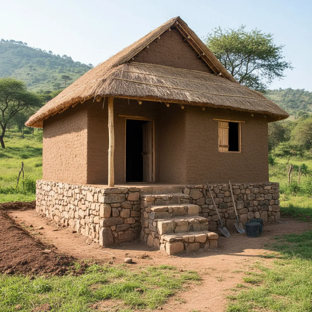 Mud house built on raised stone foundation for durability