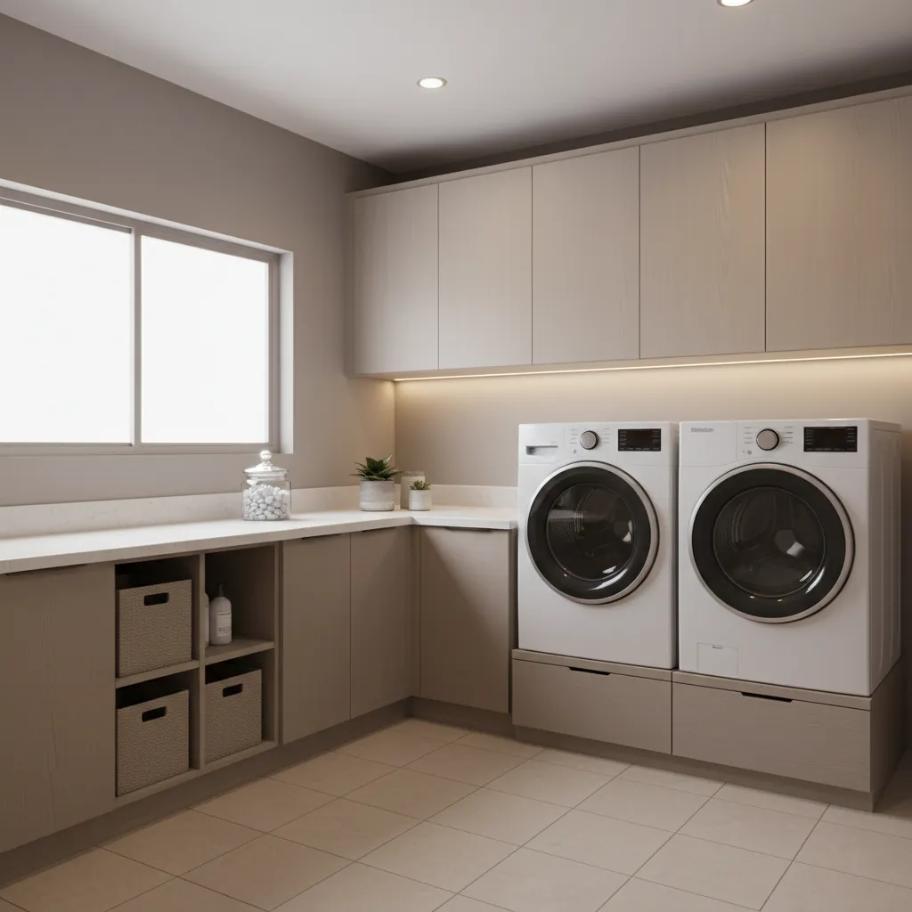 Modern laundry room with wood cabinets and two washing machines raised on wooden floor bases