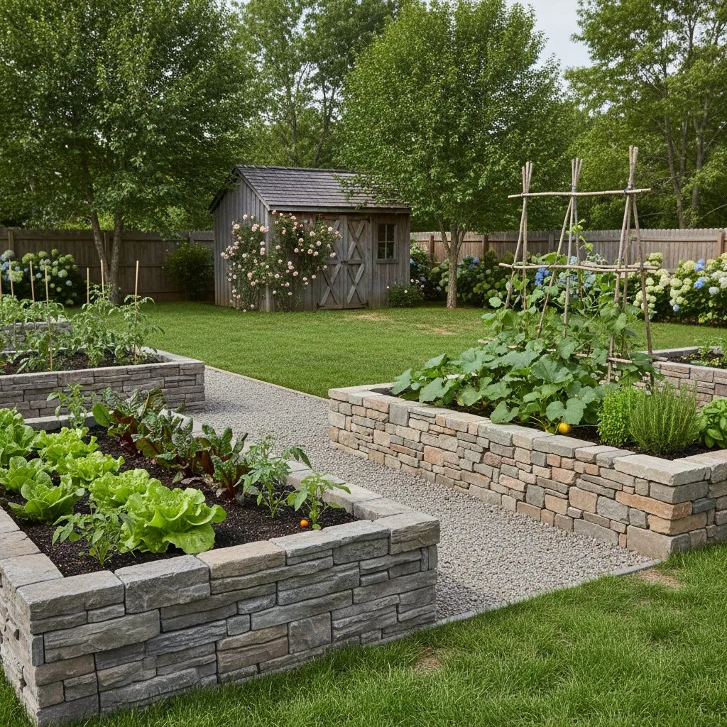 Faux stone raised garden bed next to natural stone raised bed with vegetables
