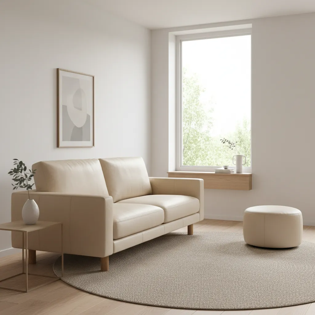 leather sofa with exposed legs creating visual space in small living room