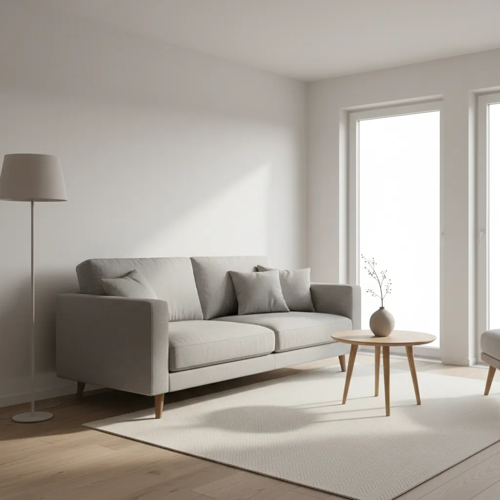 Small living room featuring raised leg sofa creating visual space
