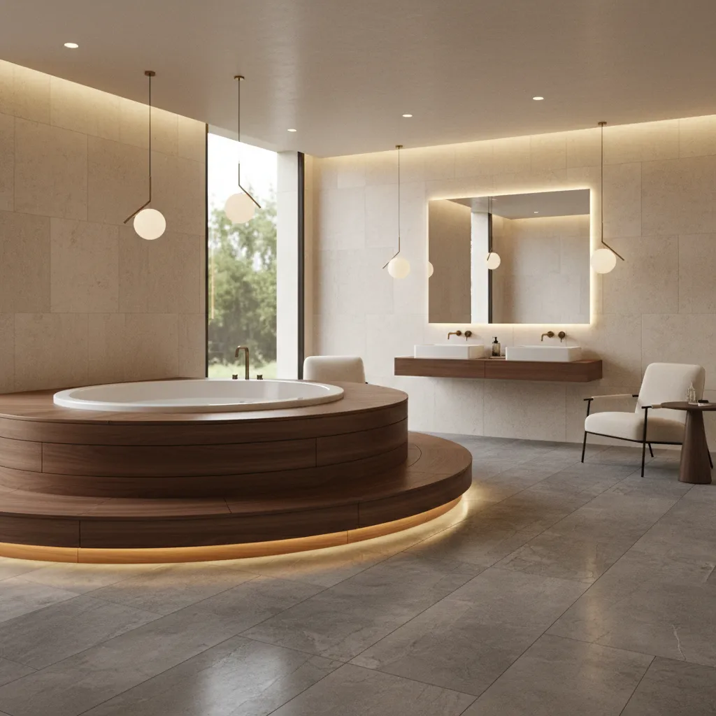 raised platform jacuzzi tub with wood panel surround in luxury bathroom