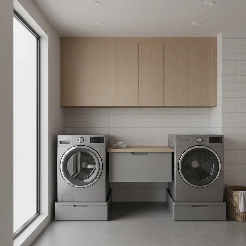Laundry room with grey washing machines on stands wood upper cabinets and white tile wall