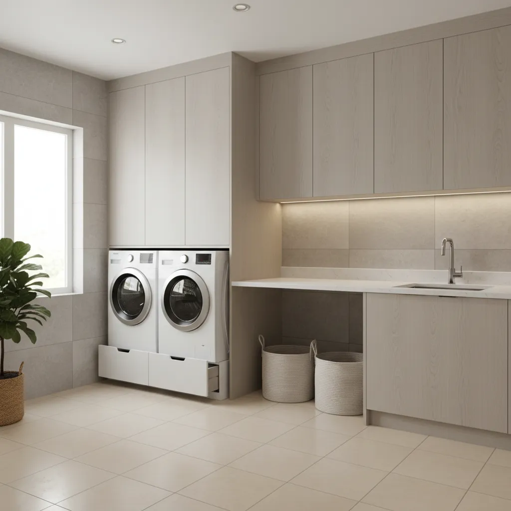 front load washer dryer on raised pedestal for ergonomic loading