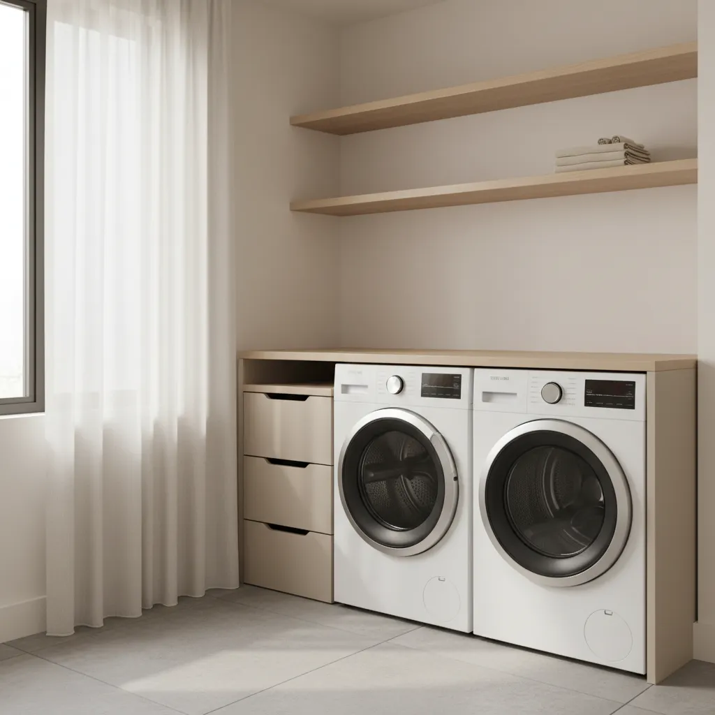 Minimalist laundry room with white washing machines under wood counter beige drawers and wall shelves