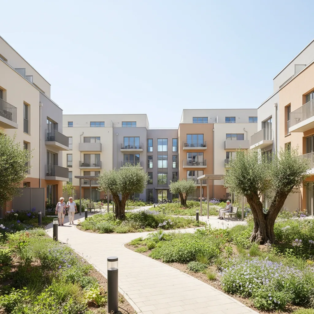 Modern retirement apartment buildings within Rajagiri senior living community