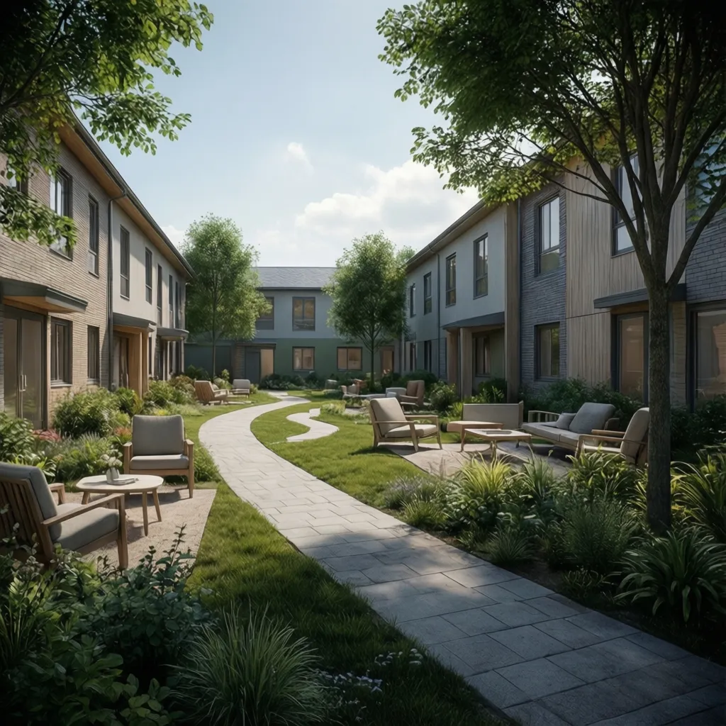 Rajagiri style retirement home campus with gardens and accessible walking paths