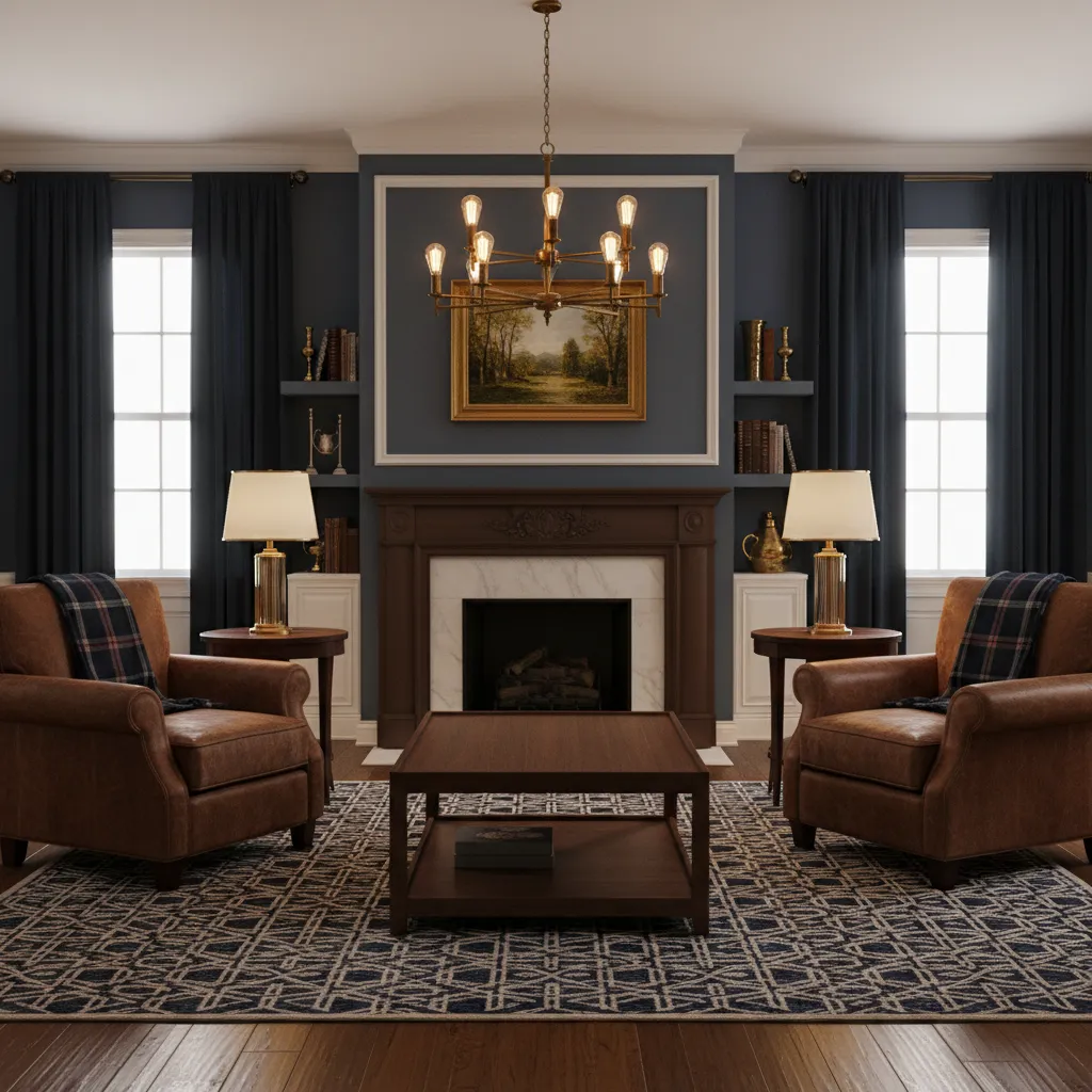 Classic Ralph Lauren inspired living room with leather seating and dark wood furniture