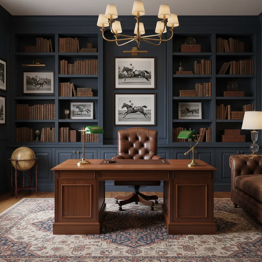 Ralph Lauren style study with mahogany desk leather chair and library shelves