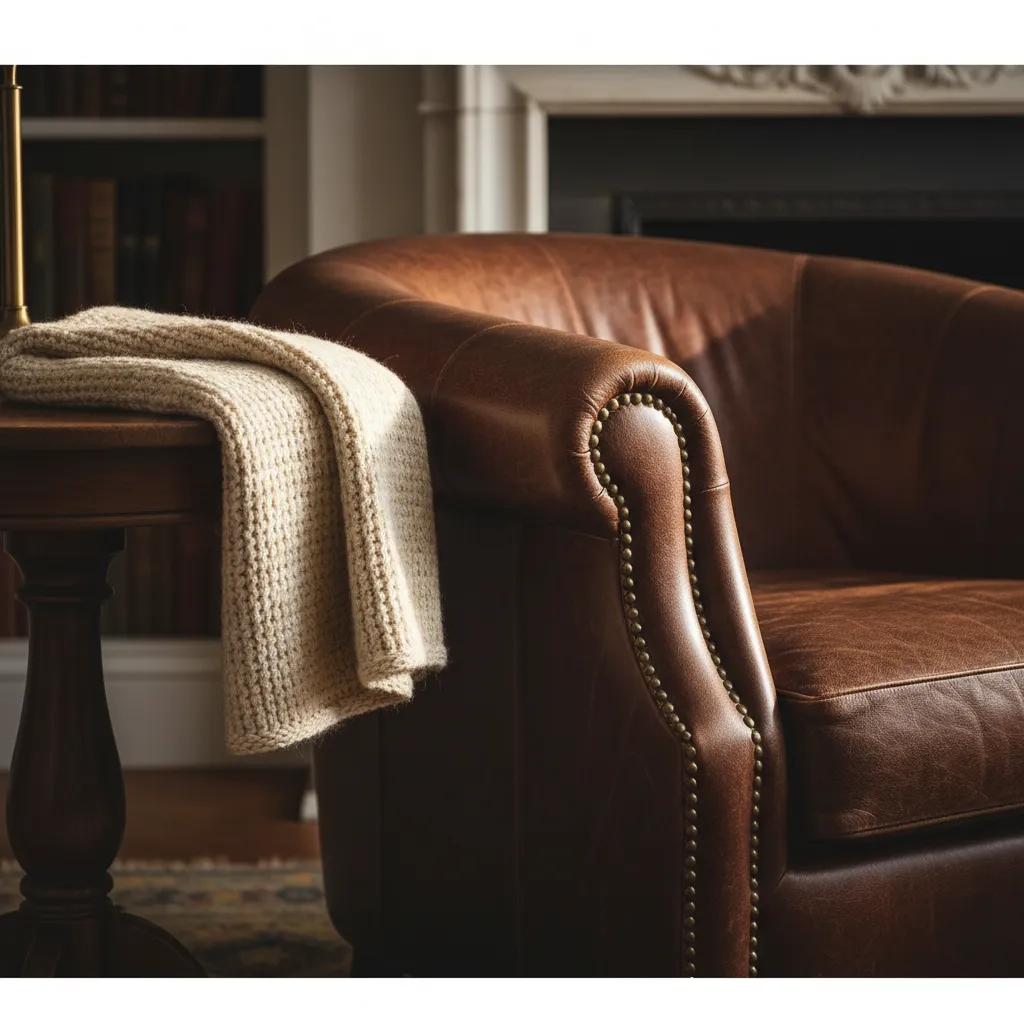 Close view of luxury leather chair and dark wood table typical of Ralph Lauren furniture