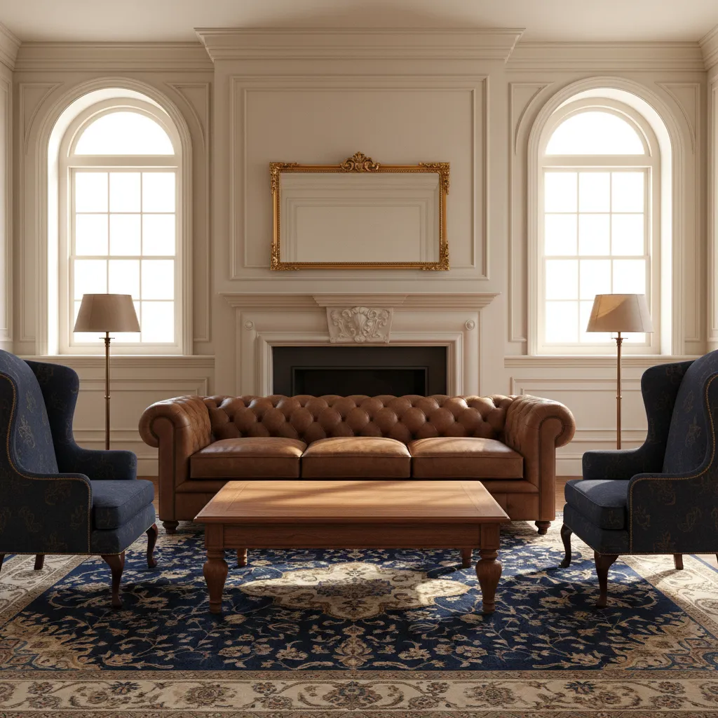 Ralph Lauren style furniture layout with leather sofa and wingback chairs