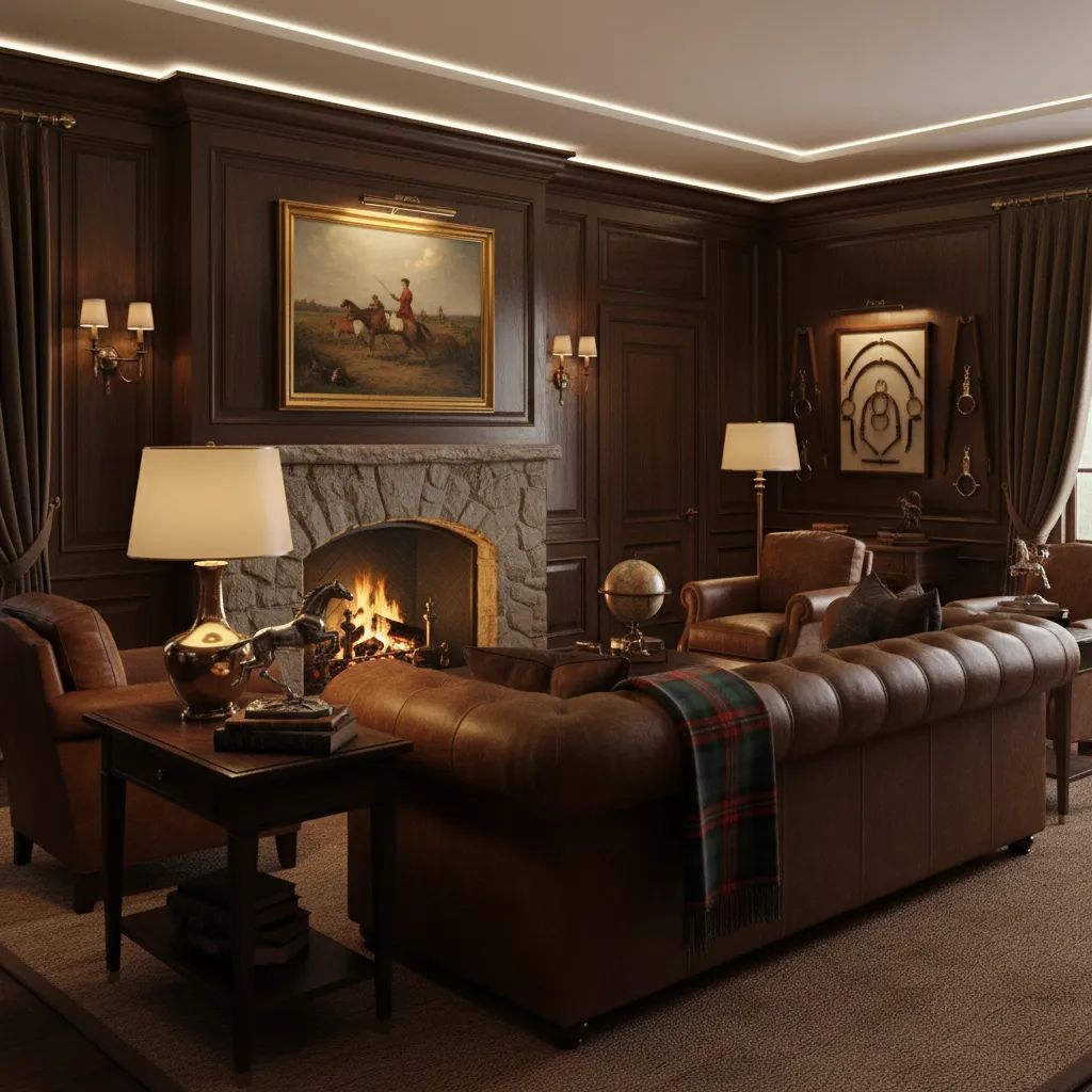 Ralph Lauren inspired living room with leather furniture and dark wood