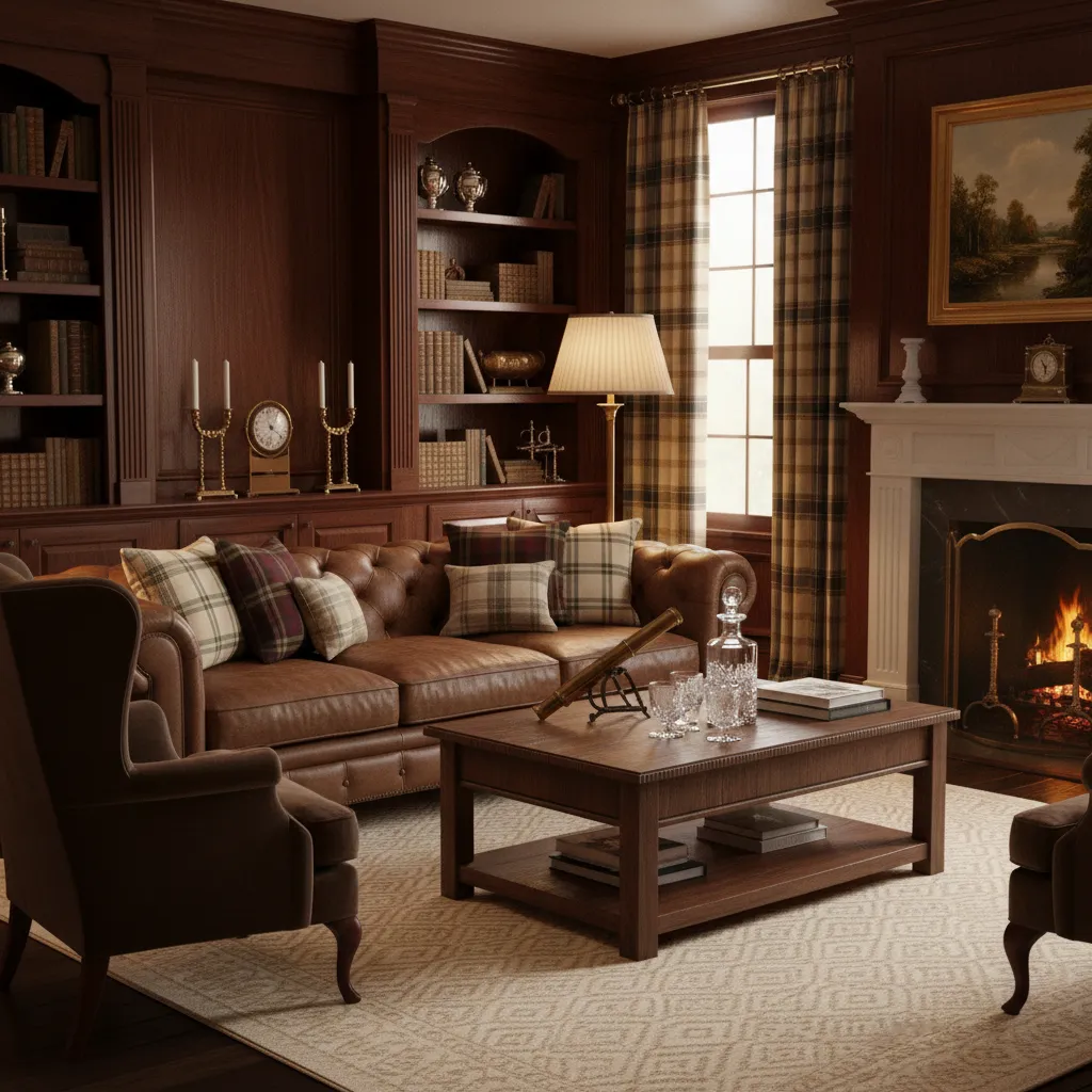 Ralph Lauren inspired living room with dark wood furniture and leather seating