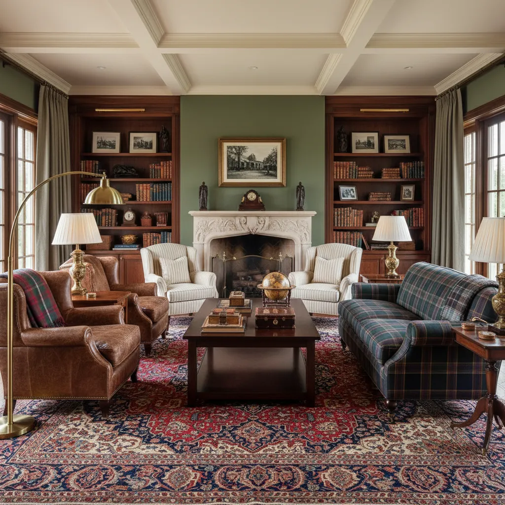Ralph Lauren inspired living room with leather seating and classic wood furniture