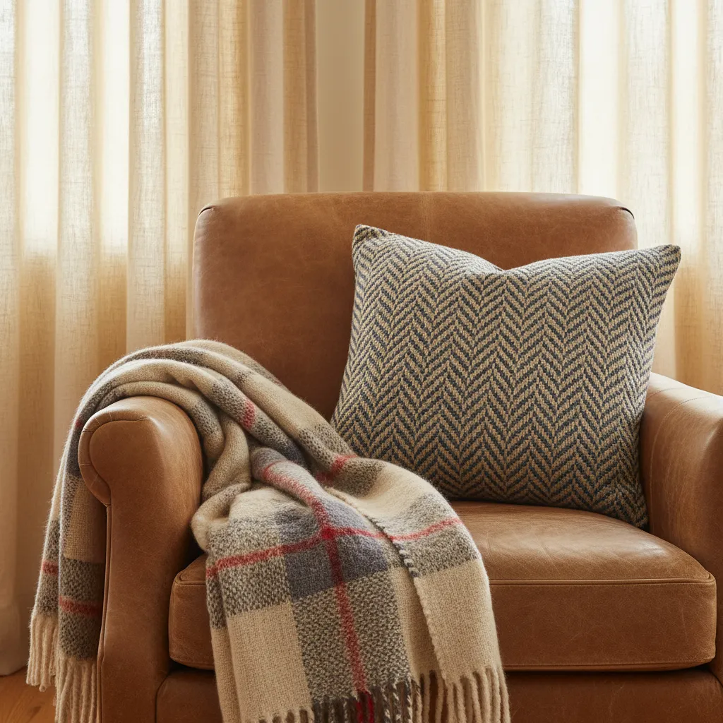 Layered Ralph Lauren style textiles including plaid wool leather and linen