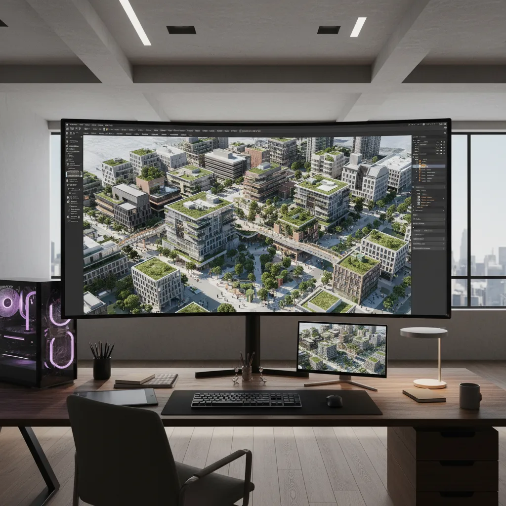 Workstation showing complex 3D scene with heavy memory usage