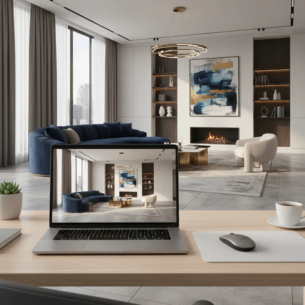 Laptop on wooden desk showing interior design drawing of modern living room with blue curved sofa
