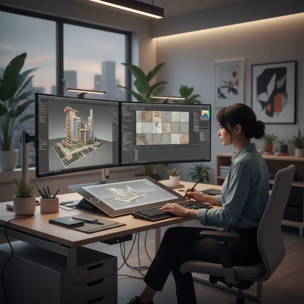 Designer working on complex 3D model with multiple application windows open