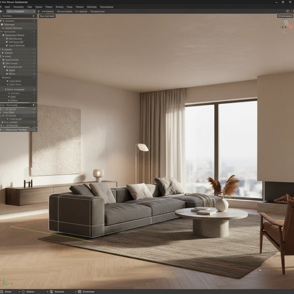 Complex 3D interior scene demonstrating high memory usage in modeling software