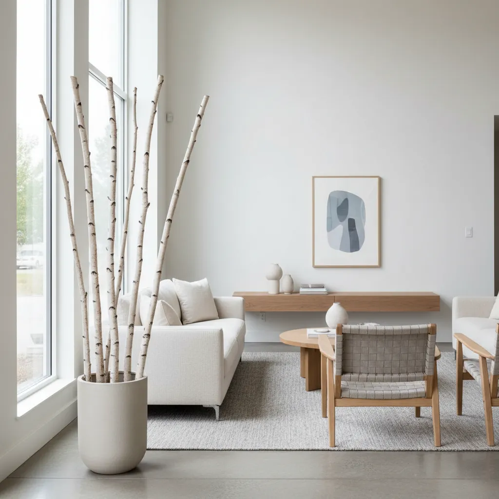 Minimalist living room featuring white sofa wooden coffee table and tall birch branches in pot