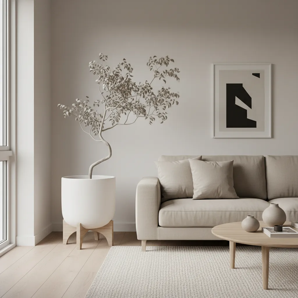 Beige sofa and wooden coffee table in modern living room with wall art and plant