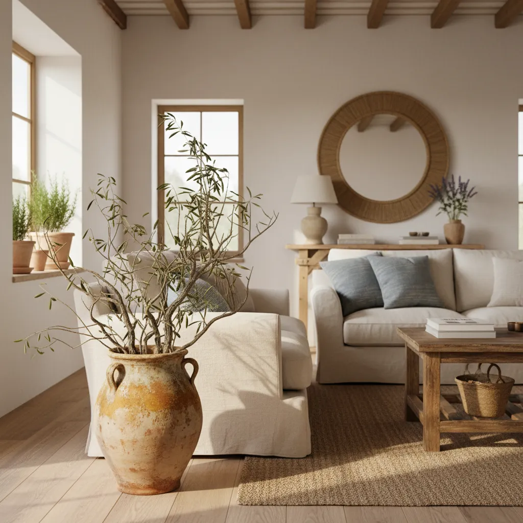 Rustic living room with a large ceramic jar holding olive branches beside a white sofa