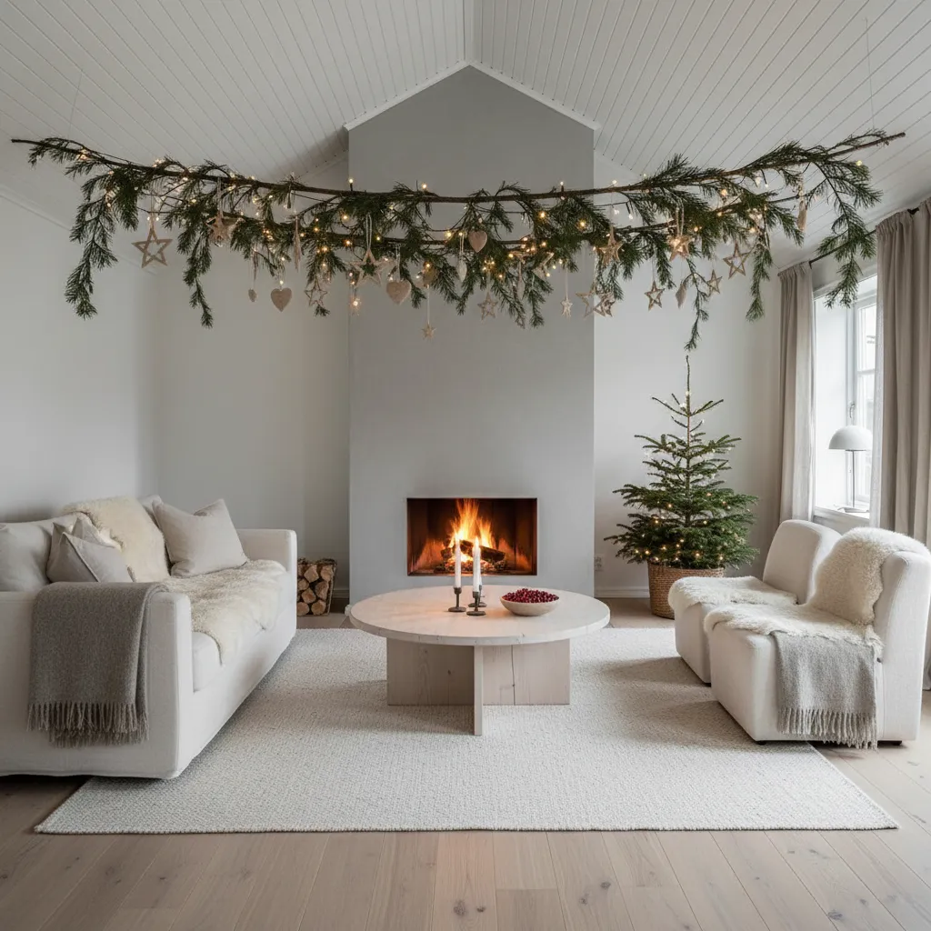 Ramas de pino decorativas suspendidas del techo en Navidad