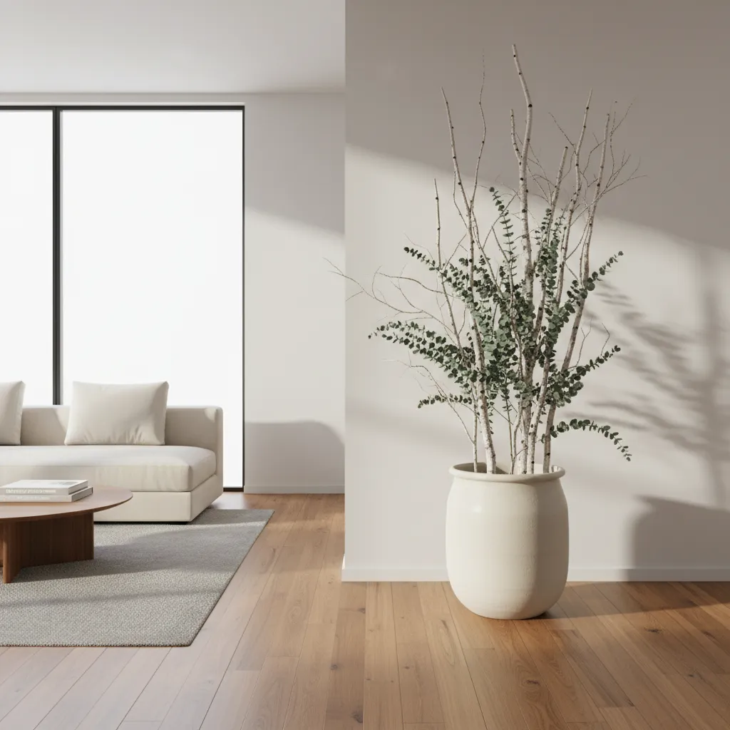 Minimalist room with white pot holding tall branches on wooden floor next to gray rug
