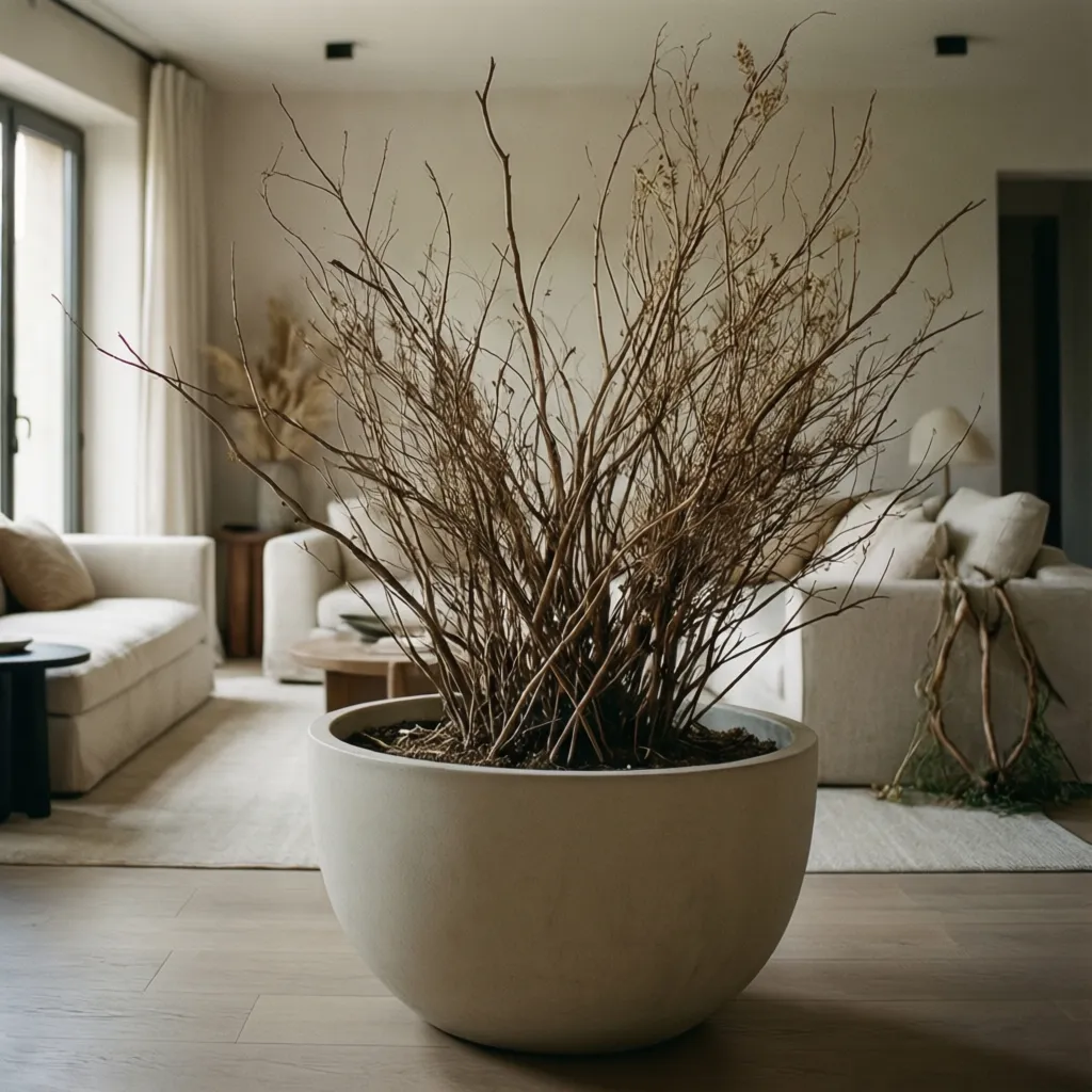 Large white pot with dry branches in minimalist living room with beige sofas and windows