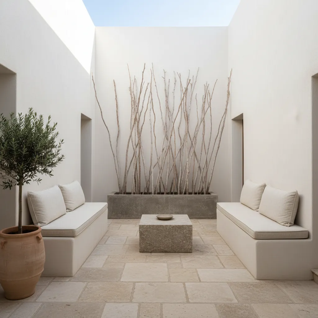 Minimalist courtyard featuring two white sofas facing a stone coffee table with tall branches behind