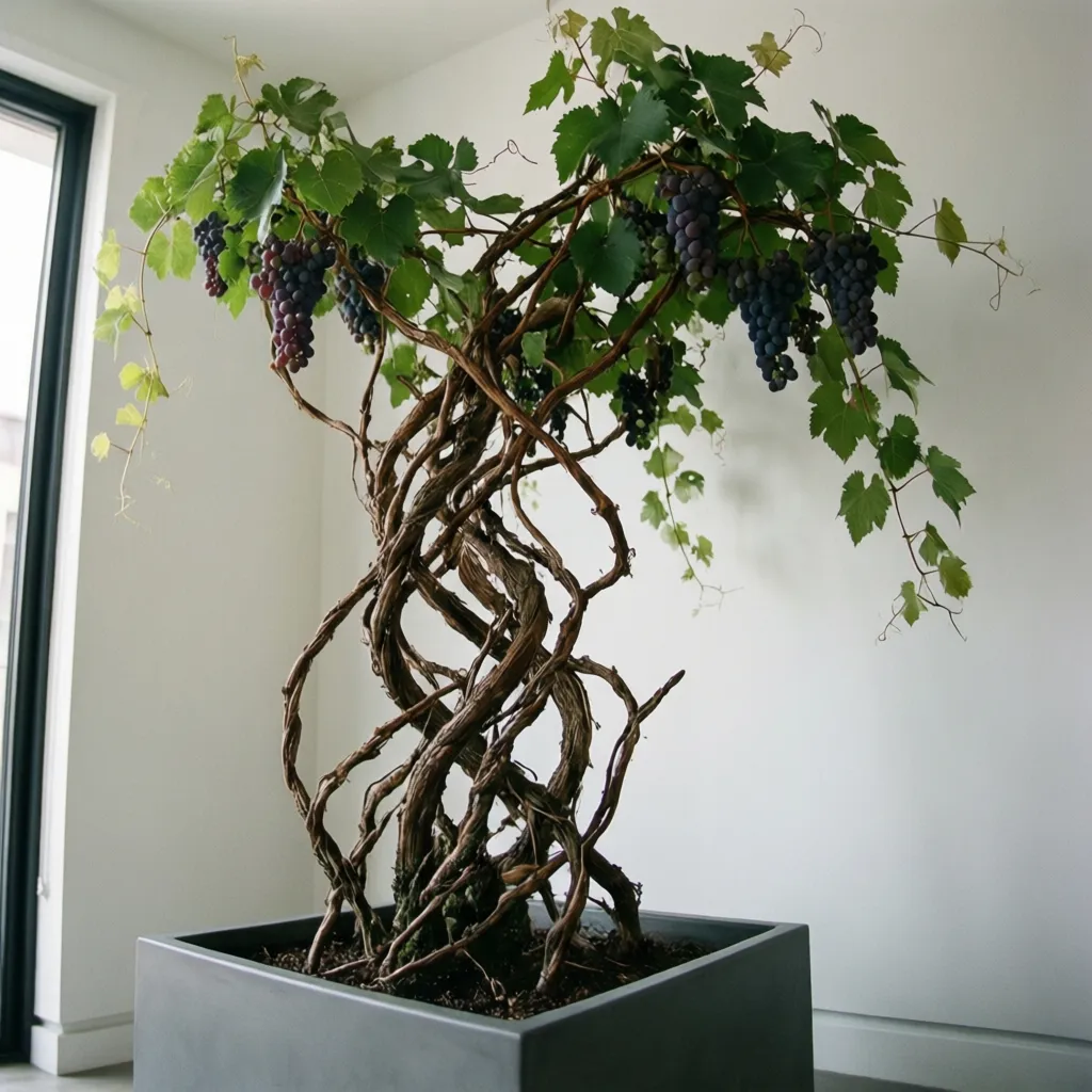 Indoor grape vine with purple fruit in a grey square pot against a white wall