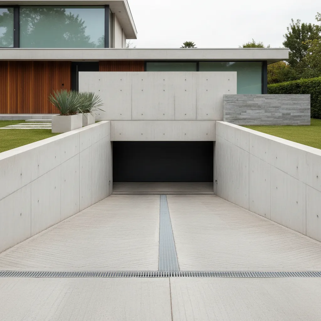 Ramp kendaraan menuju garasi bawah tanah pada rumah modern