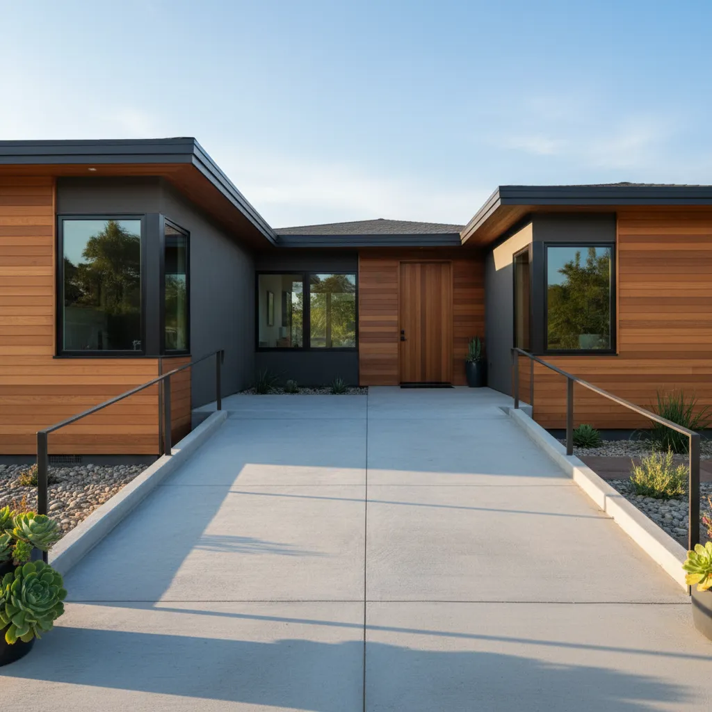 Diseño de rampa de cemento en forma de L en entrada residencial