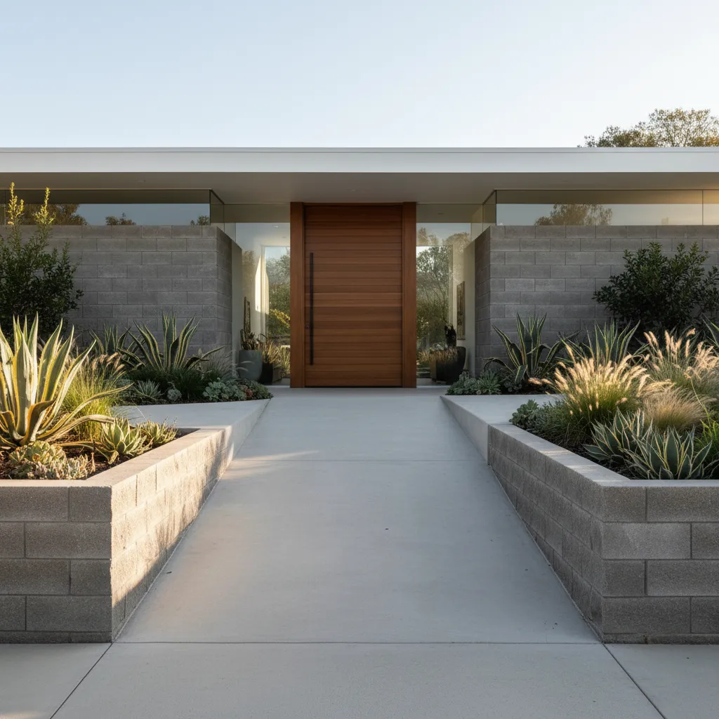 Rampa de cemento integrada con jardinería en la entrada de una casa