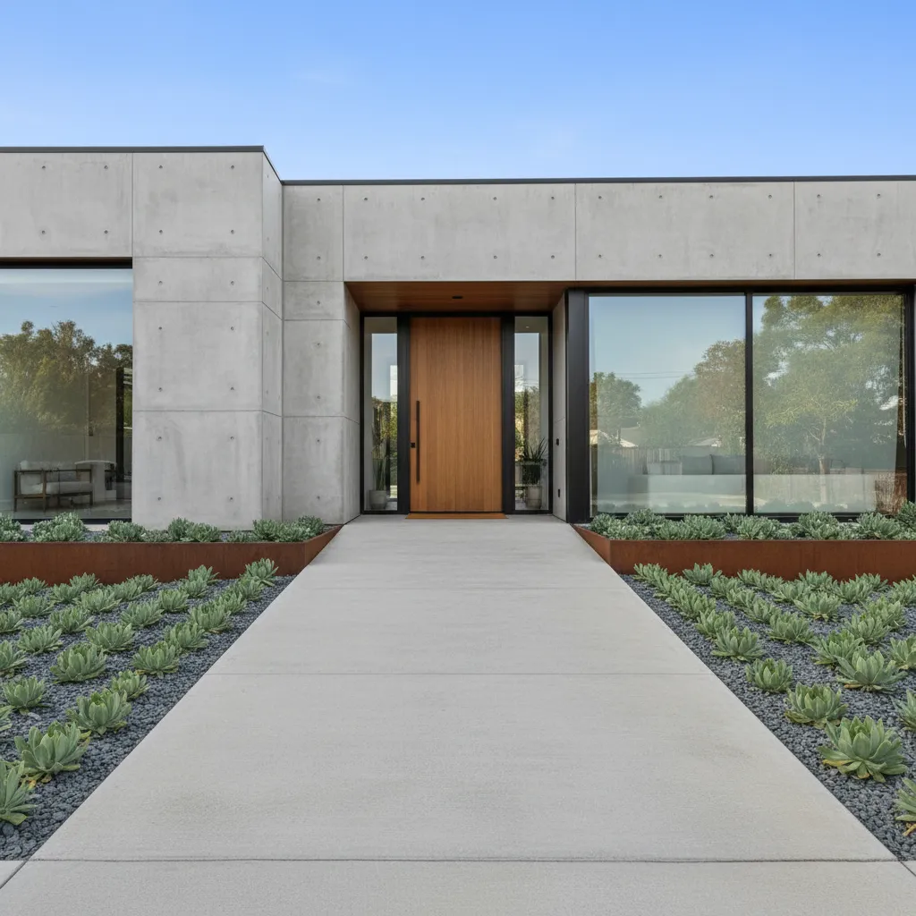 Rampa de cemento recta frente a la entrada de una casa