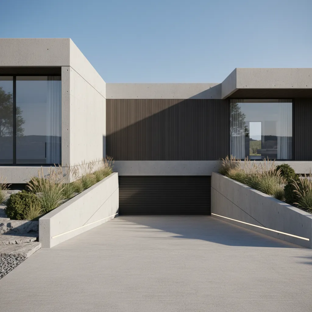 Concrete ramp leading to a dark garage door under a modern house with large glass windows