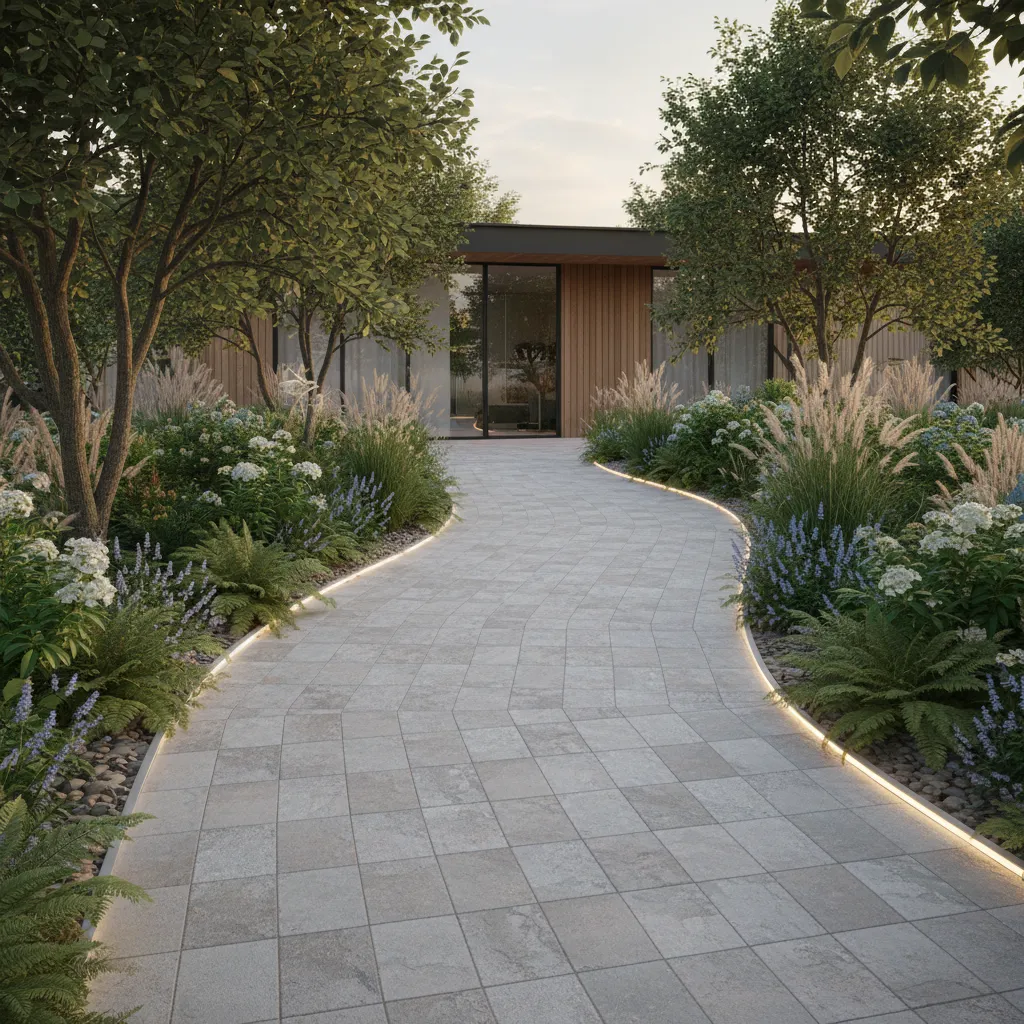 Rampa integrada en un camino de jardín residencial